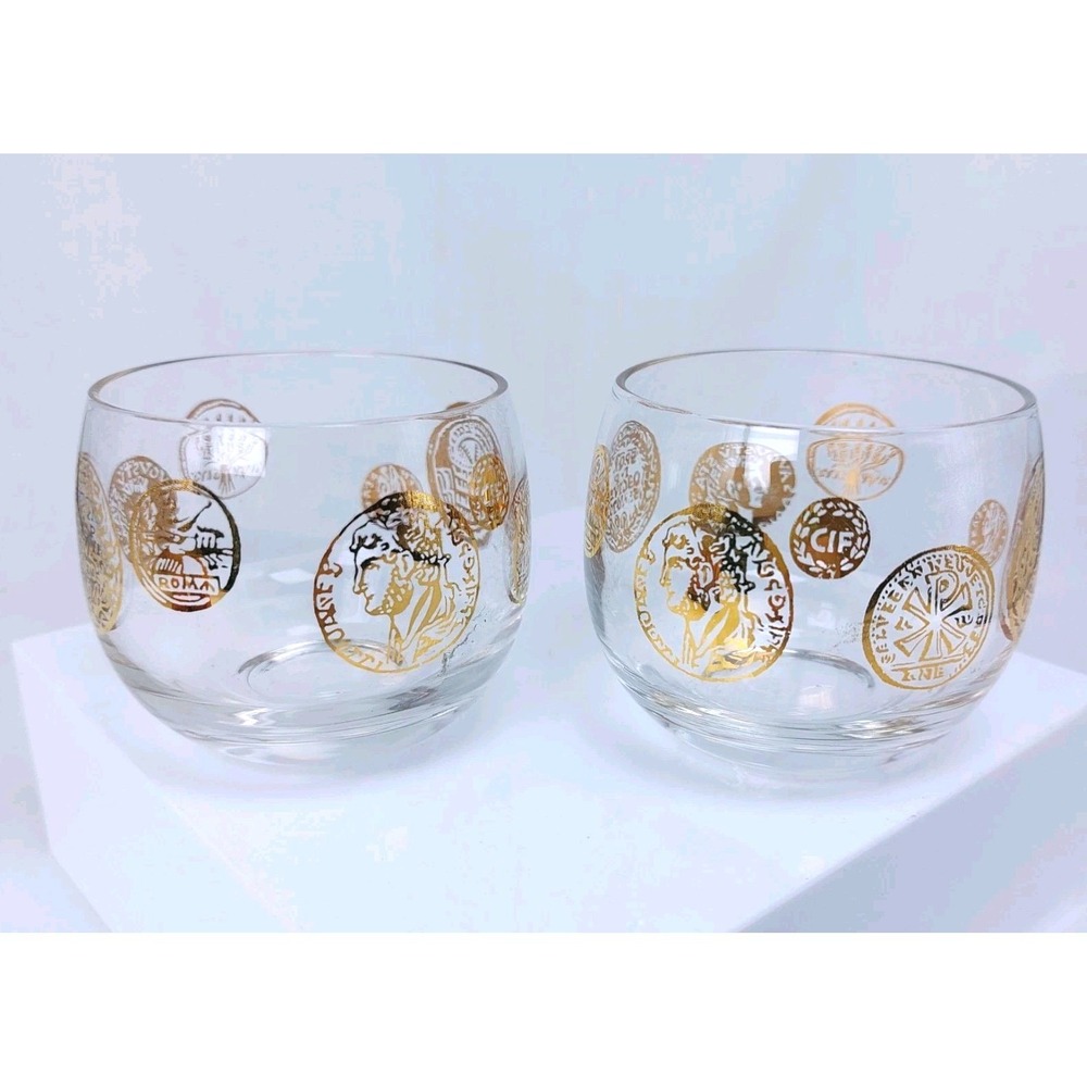 MCM Vintage Set‎ Of 2 Federal Roman Gold Coin Roly Poly Glass Barware  2.5"x2.5"
